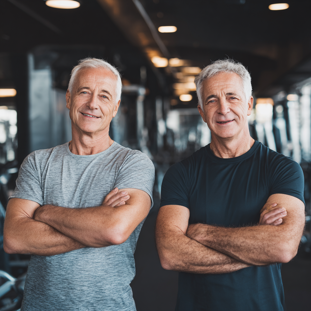 Confident older adult man showing physical and mental transformation results