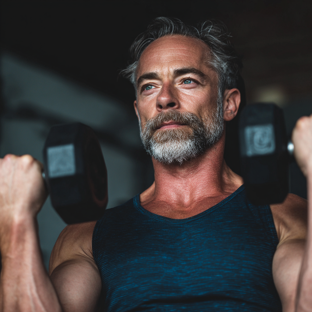 Middle-aged man engaging in focused strength training with determination